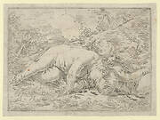 Two putti sleeping in a landscape, after Reni