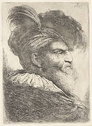 Bearded Man Wearing a Bonnet with a Plume