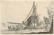 A galley embarking at center, seen from behind, the stern of another galley to right under a fire, eight men in a rowboat to left, from 'Varie figure'