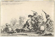 A skirmish, two horsemen battling with swords to the right, men carrying a flag running away towards the right, a dead man on the ground and a horseman seen from behind to the left, from 'Varie figure'