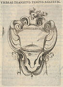 A cartouche with a sundial, a skull with feathers on its head at top, from 'Eight Emblems for the Funeral of Francesco de Medici' (Huit emblèmes pour les funérailles du prince François de Médicis)