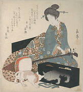 三味線の調弦|Woman Tuning a Shamisen and a Cat Looking at its Own Reflection