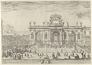 The altar of the holy sacrament; at left, the sacrament beneath a canopy, carried in procession and followed by the Louis XIV and Anne of Austria heading towards a large arched structure, spectators at left and right kneel in front of tapestries after Raphael