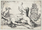 Venus mourning Adonis, who lies on the ground at left with his dogs behind him