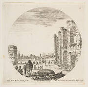 Plate 9: the Arch of Constantine to left, seen from the side, part of the Colosseum to right, various horses and figures in foreground and background, a round composition, from 'Roman landscapes and ruins' (Paysages et ruines de Rome)