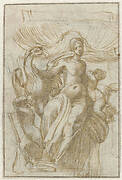 Leda of Venus (?) met vogel en putti voor een schelp