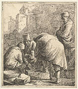 Man Adjusting His Footwear, at Left Three Men Playing Cards