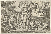 Judgment of Paris: Paris extends his hand toward Venus, who stands between Juno and Minerva, surrounded by reclining and seated figures; above are a winged figure carrying a laurel wreath, a charioteer driving four horses, Castor and Pollux, and Jupiter accompanied by Ganymede, an eagle, Diana, and two other female figures