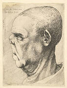 Grotesque old man with flattened nose in profile to left