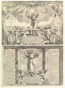 Decoration for a Thesis in Honor of Saint Francis Solano in two parts: the top part with Saint Francis Solano with his arms raised and a sun in his hands with Mount Potosí at right, the lower part with the doctor of the church holding a banner and two putti below