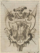 A cartouche with armor, a skull with armor and a helmet with feathers at top, from 'Eight Emblems for the Funeral of Francesco de Medici' (Huit emblèmes pour les funérailles du prince François de Médicis)