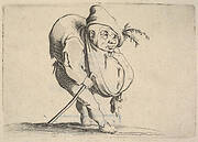 Small figure striding forward with cane and bulging abdomen, body in profile view and head in three-quarters view, from the series 'Varie figure gobbi'