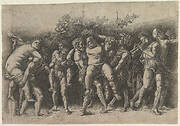 Bacchanal with Silenus; a frieze composition with ten figures around  Silenus who is carried by two satyrs