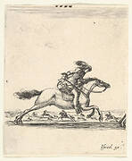 A horseman with sword in hand galloping towards the right, other horsemen galloping towards the left in the background, from 'Various cavalry exercises' (Diverses exercices de cavalerie)