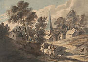 Travellers on Horseback Approaching a Village with a Spire