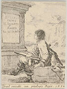 Plate 1: a young man sitting on a stone, facing left in profile, holding a drawing pad in his lap and a pen in his left hand, a pedestal with title to left and ruins to right in the background, title page from 'Various heads and figures' (Diverses têtes et figures)