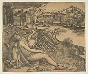 Naked woman (Leda) and swan (Zeus) embrace on a river bank; two figures jump into the water at middle ground; a town and bridge in the background.