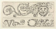 Plate 2: three fragments of friezes; on top, a grotesque head of a man, a skull of a ram at bottom left and a chimera at bottom right, from 'Friezes, foliage, and grotesques' (Frises, feuillages et grotesques)