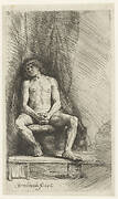 Nude man seated before a curtain