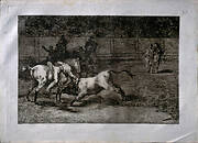 Mariano Ceballos, called "el Indio", kills the bull from horseback