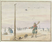 Winter Landscape with a Duck Hunter with Game in his Belt and his Gun over his Shoulder on the Bank of a Frozen River