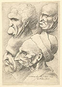 Four grotesque heads in profile to left