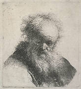 Bust of an old man with flowing beard and white sleeve.