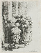 A blind hurdy-gurdy player and family receiving alms