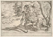 Hercules and the Nemean Lion: Hercules grasps the front right leg of the lion, which lifts its snout upward, in the middle ground Hercules pulls the skin from the lion's corpse, from the series 'The Labors of Hercules'