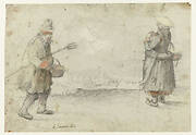 Studies of a Man and a Woman Standing on the Bank of a Frozen River, with a Town in the Distance