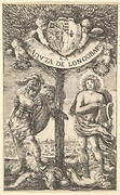 Frontispiece for 'The Fall of Longobardi' (La Caduta de' Longobardi), poems by Sigismond Boldoni; a laurel tree at center, two putti holding up the coat of arms of Christine of France, duchess of Savoy, to whom the poems are dedicated, two putti below holding up the banner with the title, placing wreaths of laurel onto the heads of Apollo at right and Mars at left