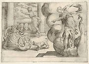 Hercules strangling the serpents: Hercules grasps two serpents in his crib, Juno points toward the serpents from a mass of cloud at right, from the series 'The Labors of Hercules'