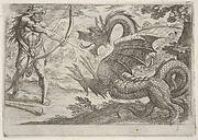 Hercules and the Serpent Ladon: Hercules draws his bow, the rearing serpent appears in profile, from the series 'The Labors of Hercules'