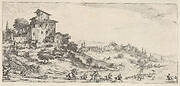 Hunters on horses and on foot, with hounds pursuing a stag, and two buildings in a hilly landscape, from the series 'Italian landscapes' (Diverse vedute designate in Fiorenza / Paysages italiens)