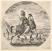 Moorish horseman in profile facing right, in the background a pyramid at left, many figures and an elephant, from 'Figures on Horseback' (Cavaliers nègres, polonais et hongrois)