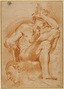 Sheet of Studies: A Seated Nude Man, A Youthful Head and a Caricature Head of a Man Playing a Pipe