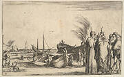 Three Turks and an Italian gentleman standing to right, men work on small boats in center, a fortress to left in the background, from 'Set of eight nautical landscapes' (Suite de huit Marines)