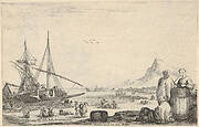 A ship disembarking to left, two galley slaves stand and one sits next to a barrel to right, various other figures on the shore, a mountain to right in the background, from 'Varie figure'