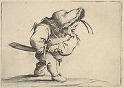 Small male figure stopping to draw his sword, in profile view with open mouth and left foot positioned forward, from the series 'Varie figure gobbi'