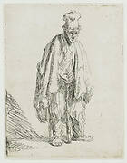 Beggar in a high cap, standing and leaning on a stick