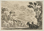 Plate 9: Two goats resting to right, turned towards the left, four men and a horse in a river in the background, from 'Various Figures' (Agréable diversité de figures)