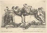 Plate 18: a cartouche containing an empty crest, two lionesses, one to left and one in center, an infant to right, from 'Collection of various caprices and new inventions of cards and ornaments' (Raccolta di varii cappriccii et nove inventioni di cartelle et ornamenti)