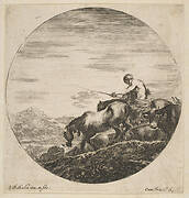 Herdsman on horseback drives animals, from 'Six animal subjects' (Six sujets d'animaux)