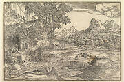 Landscape with Saint Jerome at left looking towards lion and bear  fighting at center; two figures with mule in the background