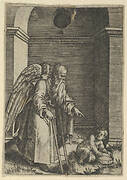 An elderly winged man with a long beard walking with crutches, possibly representing Time gesturing towards a young child holding a sieve