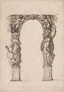 Design for a Temporary Arch Ornamented with Putti and Allegorical Figures of Music and War