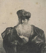 Old man with beard, fur cap, and velvet cloak.