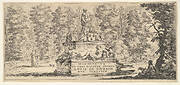 Plate 1: a monument with statues and a coat of arms in the center, a draughstman on the ground beneath a tree to right, two groups of lovers to left in the background, from 'Various landscapes' (Divers paysages)