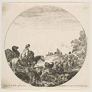 Plate 5: a woman carrying a child on a horse to left, a camel following her, a herd of goats, sheep, and a shepherd in front of her to right, a round composition, from 'Roman landscapes and ruins' (Paysages et ruines de Rome)