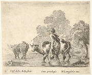 Plate 2: a peasant woman herds two cows across a stream, walking towards the left, from 'Diversi capricci'